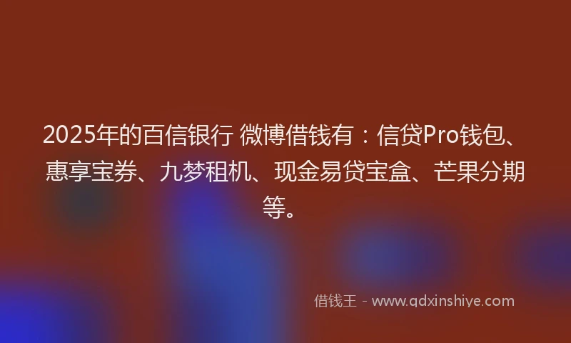 2025年的百信银行 微博借钱有：信贷Pro钱包、惠享宝券、九梦租机、现金易贷宝盒、芒果分期等。
