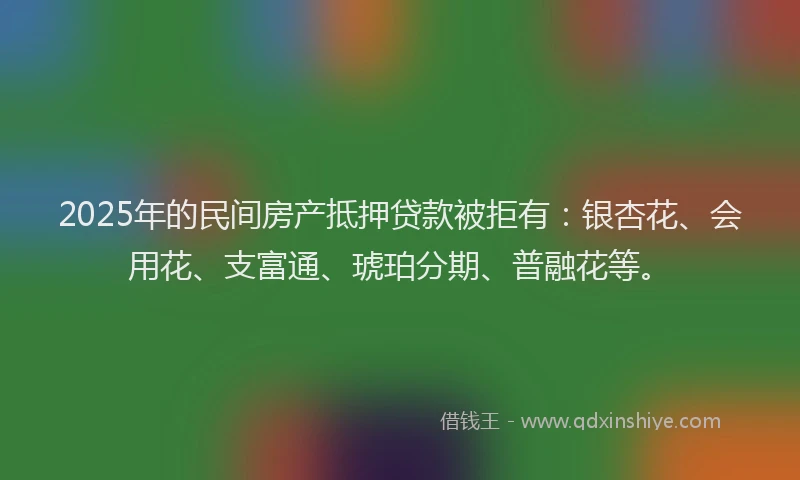 2025年的民间房产抵押贷款被拒有：银杏花、会用花、支富通、琥珀分期、普融花等。