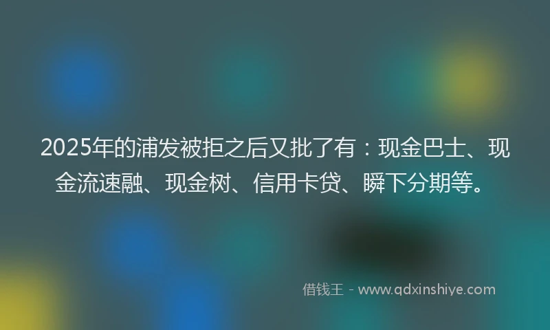 2025年的浦发被拒之后又批了有：现金巴士、现金流速融、现金树、信用卡贷、瞬下分期等。