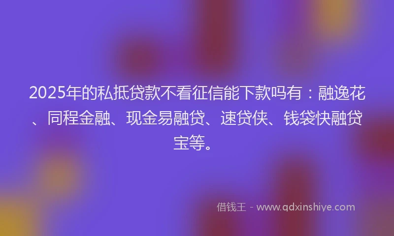 2025年的私抵贷款不看征信能下款吗有：融逸花、同程金融、现金易融贷、速贷侠、钱袋快融贷宝等。
