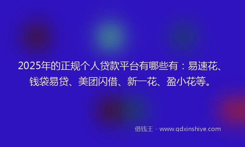 2025年的正规个人贷款平台有哪些有：易速花、钱袋易贷、美团闪借、新一花、盈小花等。