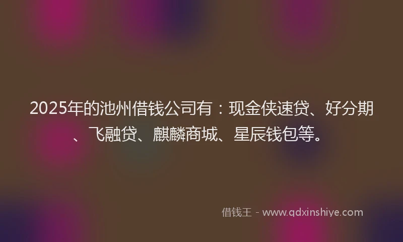 2025年的池州借钱公司有:现金侠速贷、好分期、飞融贷、麒麟商城、星辰钱包等。