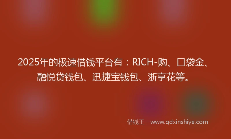 2025年的极速借钱平台有：RICH-购、口袋金、融悦贷钱包、迅捷宝钱包、浙享花等。