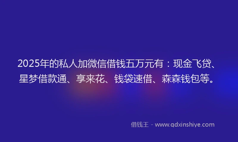 2025年的私人加微信借钱五万元有：现金飞贷、星梦借款通、享来花、钱袋速借、森森钱包等。