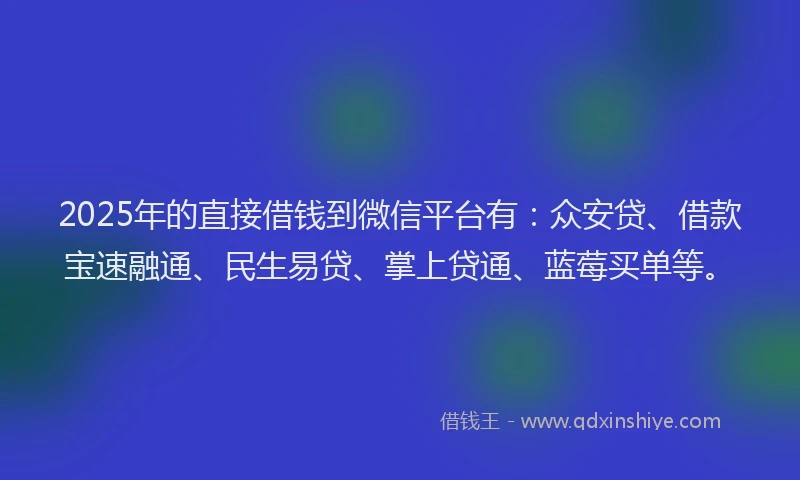2025年的直接借钱到微信平台有：众安贷、借款宝速融通、民生易贷、掌上贷通、蓝莓买单等。