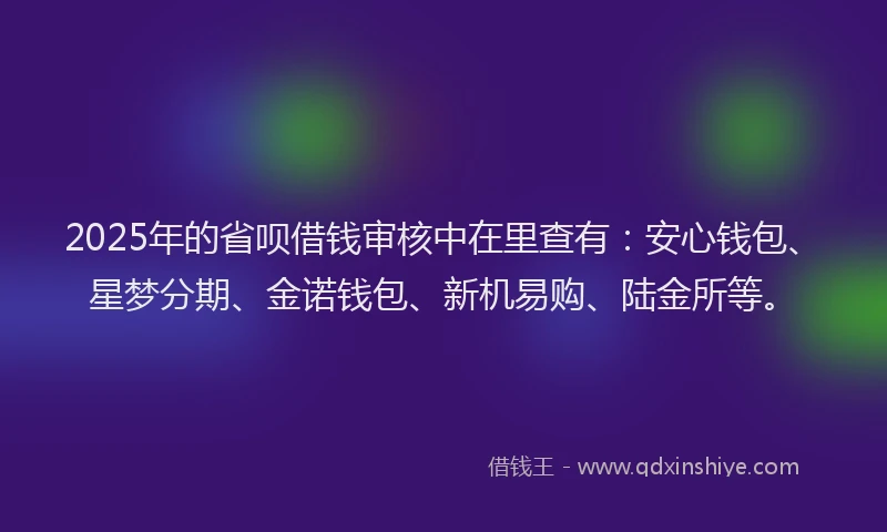 2025年的省呗借钱审核中在里查有：安心钱包、星梦分期、金诺钱包、新机易购、陆金所等。