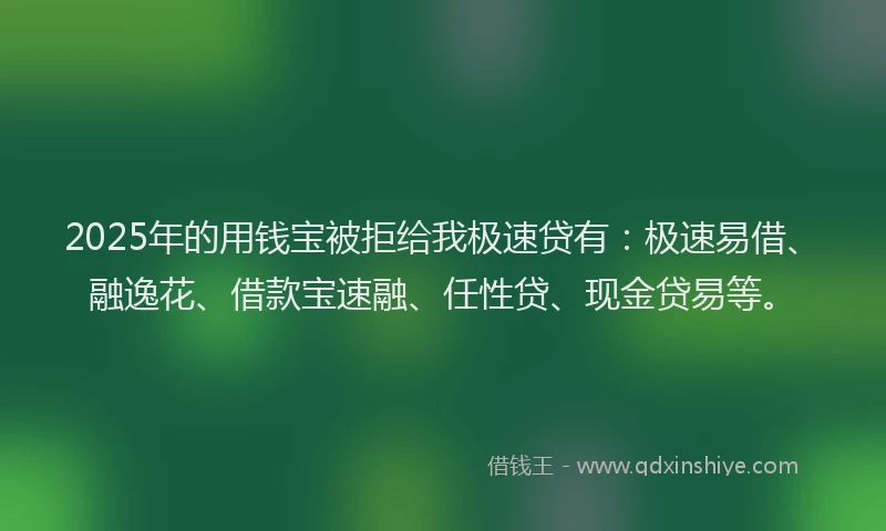 2025年的用钱宝被拒给我极速贷有：极速易借、融逸花、借款宝速融、任性贷、现金贷易等。