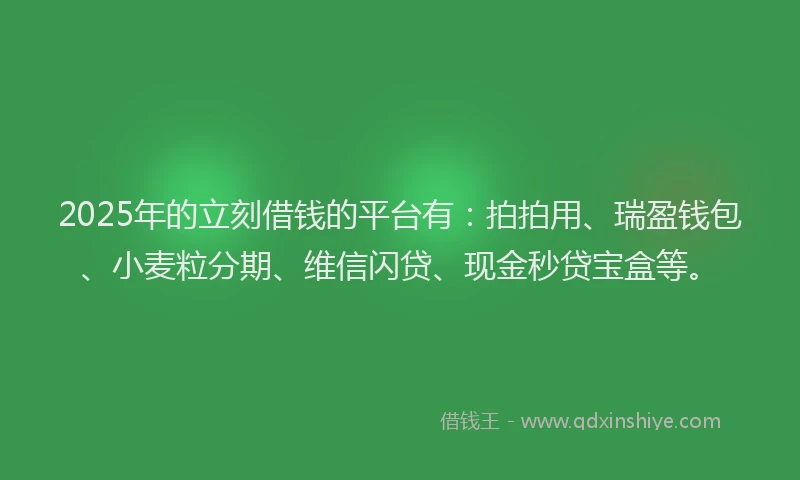 2025年的立刻借钱的平台有：拍拍用、瑞盈钱包、小麦粒分期、维信闪贷、现金秒贷宝盒等。