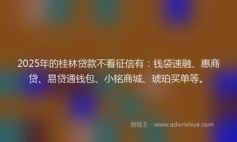 2025年的桂林贷款不看征信有：钱袋速融、惠商贷、易贷通钱包、小铭商城、琥珀买单等。