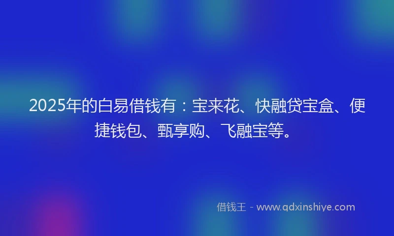 2025年的白易借钱有:宝来花、快融贷宝盒、便捷钱包、甄享购、飞融宝等。