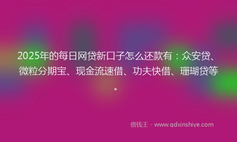2025年的每日网贷新口子怎么还款有：众安贷、微粒分期宝、现金流速借、功夫快借、珊瑚贷等。
