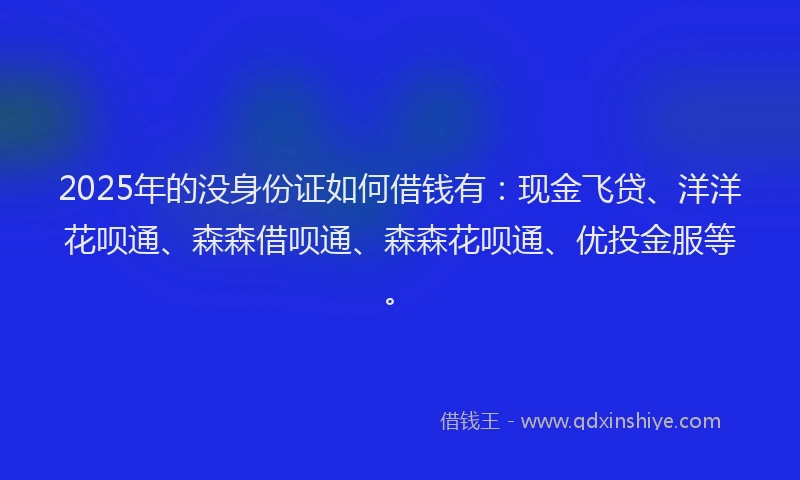 2025年的没身份证如何借钱有：现金飞贷、洋洋花呗通、森森借呗通、森森花呗通、优投金服等。