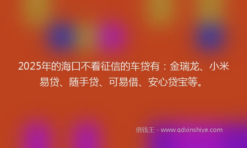 2025年的海口不看征信的车贷有：金瑞龙、小米易贷、随手贷、可易借、安心贷宝等。