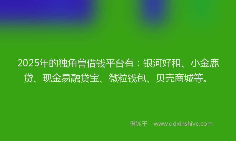 2025年的独角兽借钱平台有：银河好租、小金鹿贷、现金易融贷宝、微粒钱包、贝壳商城等。