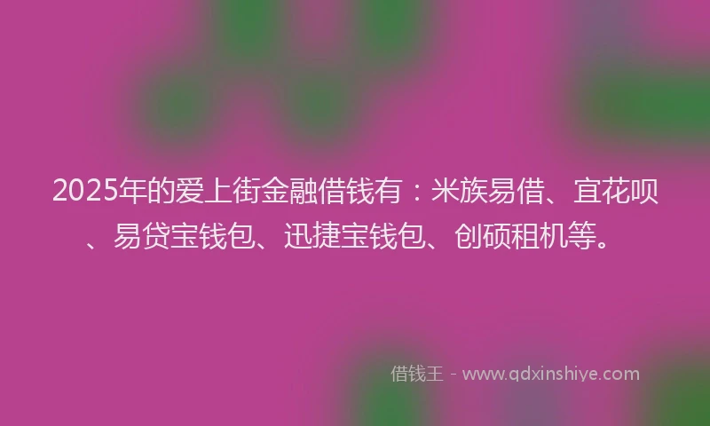 2025年的爱上街金融借钱有：米族易借、宜花呗、易贷宝钱包、迅捷宝钱包、创硕租机等。