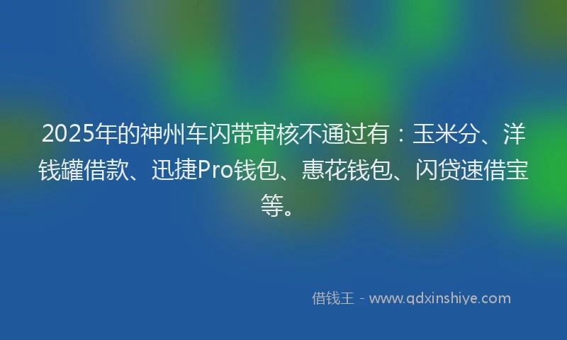 2025年的神州车闪带审核不通过有：玉米分、洋钱罐借款、迅捷Pro钱包、惠花钱包、闪贷速借宝等。