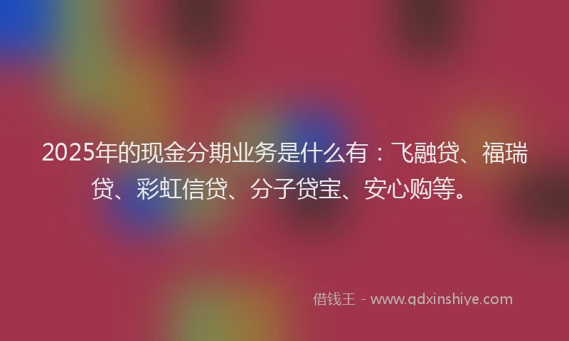 2025年的现金分期业务是什么有：飞融贷、福瑞贷、彩虹信贷、分子贷宝、安心购等。