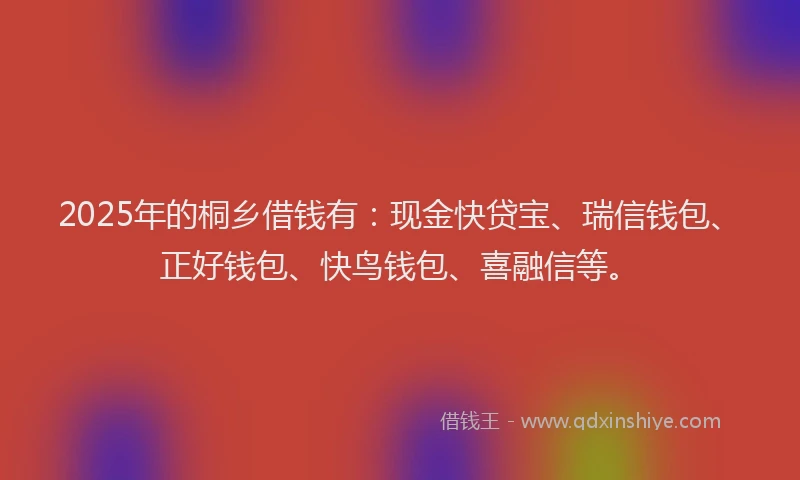 2025年的桐乡借钱有：现金快贷宝、瑞信钱包、正好钱包、快鸟钱包、喜融信等。