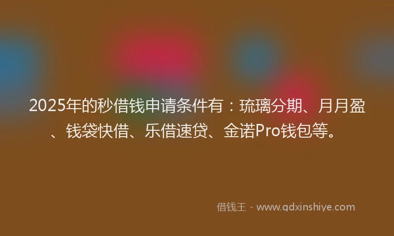 2025年的秒借钱申请条件有：琉璃分期、月月盈、钱袋快借、乐借速贷、金诺Pro钱包等。