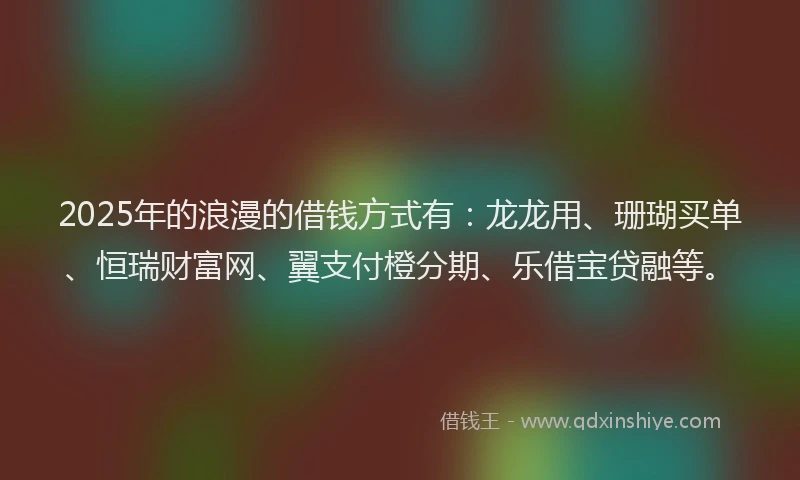 2025年的浪漫的借钱方式有：龙龙用、珊瑚买单、恒瑞财富网、翼支付橙分期、乐借宝贷融等。