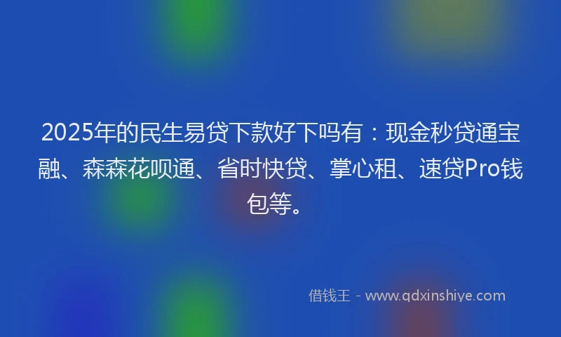 2025年的民生易贷下款好下吗有：现金秒贷通宝融、森森花呗通、省时快贷、掌心租、速贷Pro钱包等。