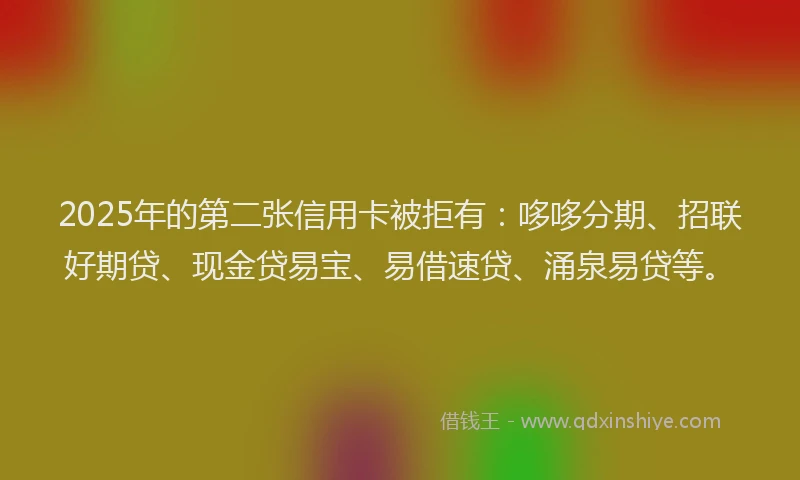 2025年的第二张信用卡被拒有：哆哆分期、招联好期贷、现金贷易宝、易借速贷、涌泉易贷等。