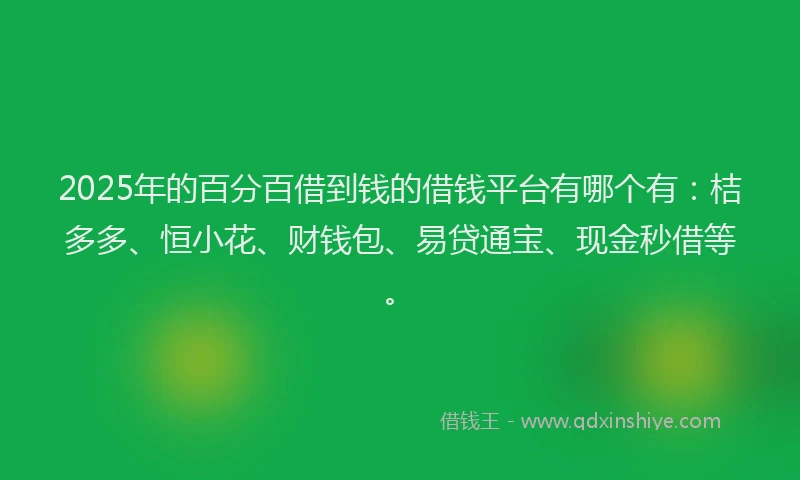 2025年的百分百借到钱的借钱平台有哪个有：桔多多、恒小花、财钱包、易贷通宝、现金秒借等。