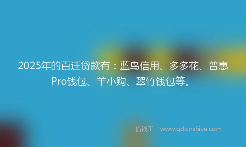 2025年的百迁贷款有：蓝鸟信用、多多花、普惠Pro钱包、羊小购、翠竹钱包等。
