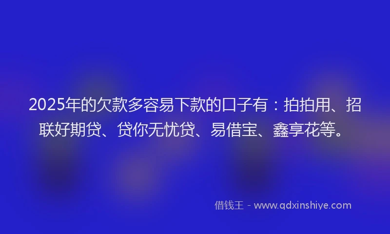 2025年的欠款多容易下款的口子有：拍拍用、招联好期贷、贷你无忧贷、易借宝、鑫享花等。