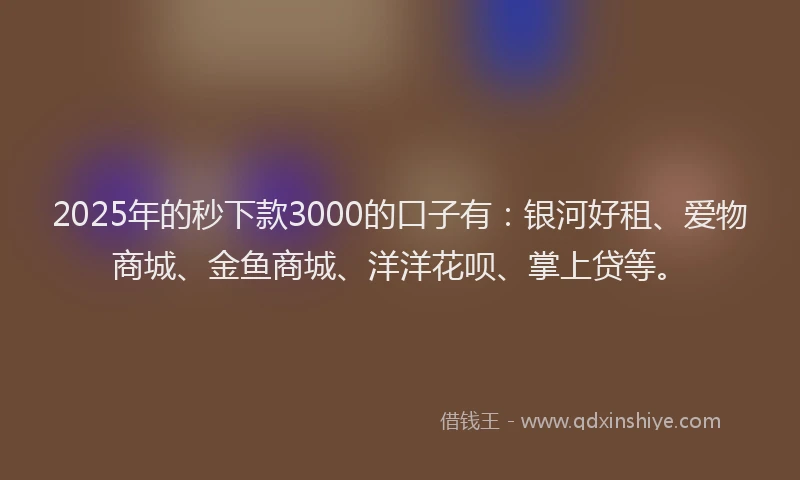2025年的秒下款3000的口子有：银河好租、爱物商城、金鱼商城、洋洋花呗、掌上贷等。
