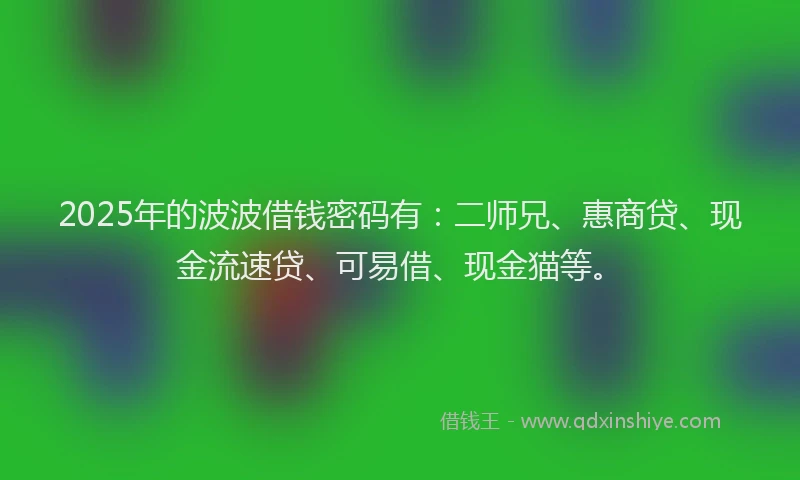 2025年的波波借钱密码有：二师兄、惠商贷、现金流速贷、可易借、现金猫等。