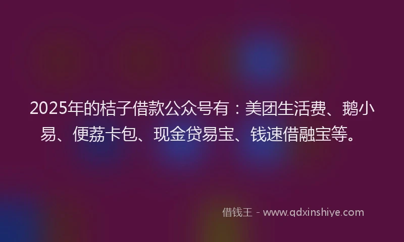 2025年的桔子借款公众号有：美团生活费、鹅小易、便荔卡包、现金贷易宝、钱速借融宝等。