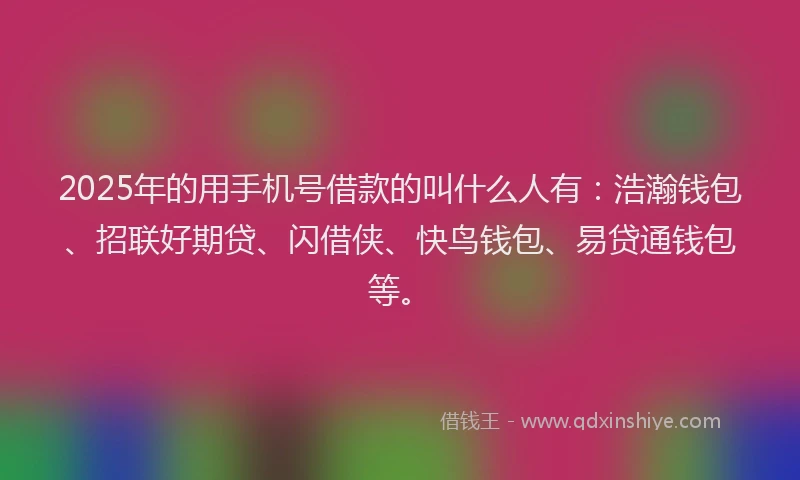 2025年的用手机号借款的叫什么人有:浩瀚钱包、招联好期贷、闪借侠、快鸟钱包、易贷通钱包等。