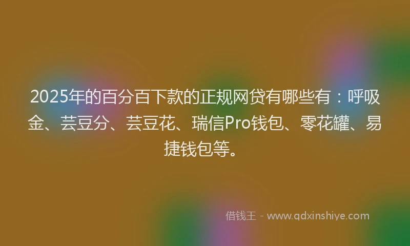 2025年的百分百下款的正规网贷有哪些有：呼吸金、芸豆分、芸豆花、瑞信Pro钱包、零花罐、易捷钱包等。