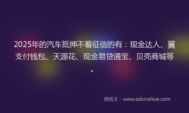 2025年的汽车抵押不看征信的有：现金达人、翼支付钱包、天源花、现金易贷通宝、贝壳商城等。