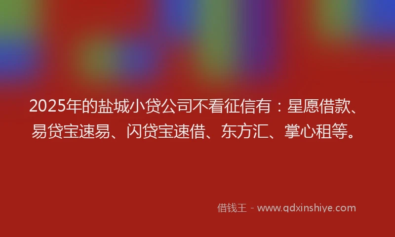 2025年的盐城小贷公司不看征信有：星愿借款、易贷宝速易、闪贷宝速借、东方汇、掌心租等。