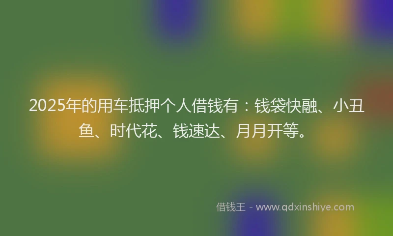2025年的用车抵押个人借钱有:钱袋快融、小丑鱼、时代花、钱速达、月月开等。