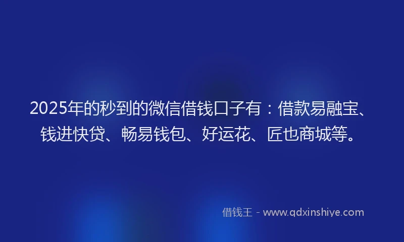 2025年的秒到的微信借钱口子有：借款易融宝、钱进快贷、畅易钱包、好运花、匠也商城等。