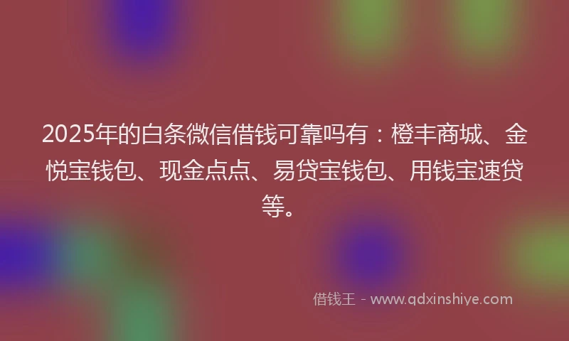 2025年的白条微信借钱可靠吗有：橙丰商城、金悦宝钱包、现金点点、易贷宝钱包、用钱宝速贷等。