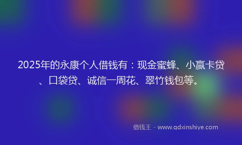 2025年的永康个人借钱有：现金蜜蜂、小赢卡贷、口袋贷、诚信一周花、翠竹钱包等。