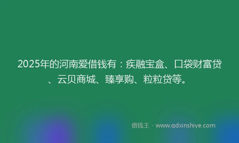 2025年的河南爱借钱有：疾融宝盒、口袋财富贷、云贝商城、臻享购、粒粒贷等。