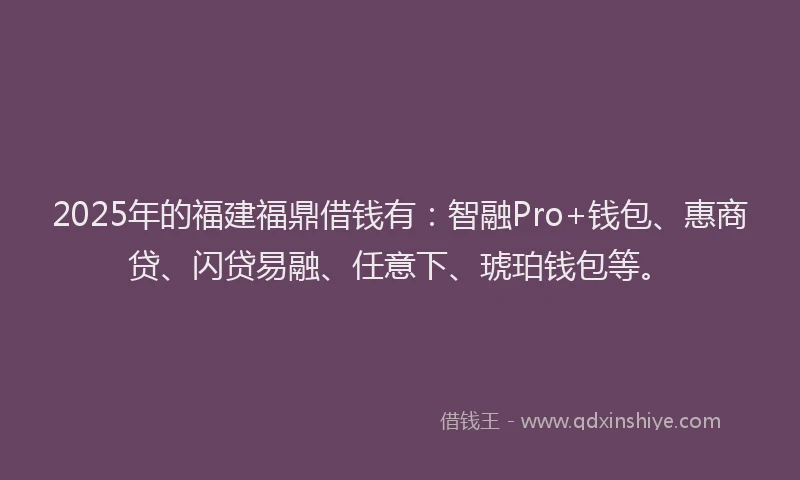 2025年的福建福鼎借钱有:智融Pro+钱包、惠商贷、闪贷易融、任意下、琥珀钱包等。