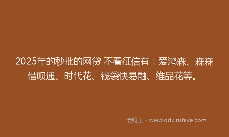 2025年的秒批的网贷 不看征信有：爱鸿森、森森借呗通、时代花、钱袋快易融、维品花等。