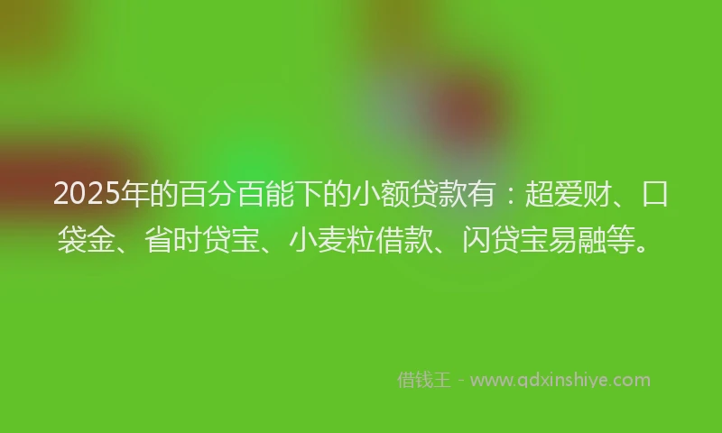 2025年的百分百能下的小额贷款有：超爱财、口袋金、省时贷宝、小麦粒借款、闪贷宝易融等。