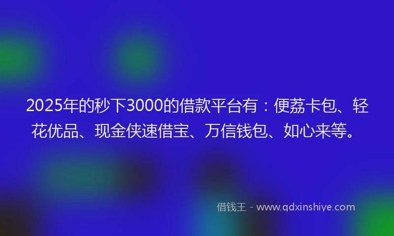 2025年的秒下3000的借款平台有：便荔卡包、轻花优品、现金侠速借宝、万信钱包、如心来等。