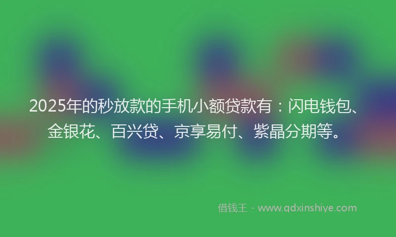 2025年的秒放款的手机小额贷款有：闪电钱包、金银花、百兴贷、京享易付、紫晶分期等。