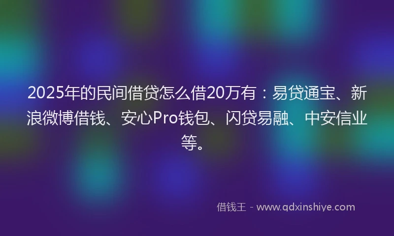 2025年的民间借贷怎么借20万有：易贷通宝、新浪微博借钱、安心Pro钱包、闪贷易融、中安信业等。