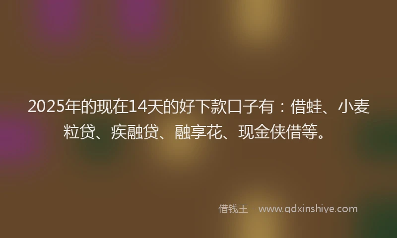 2025年的现在14天的好下款口子有：借蛙、小麦粒贷、疾融贷、融享花、现金侠借等。