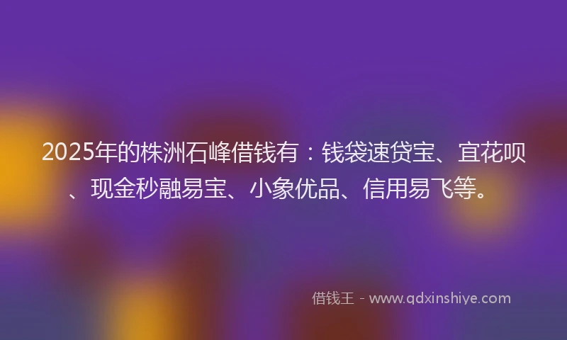 2025年的株洲石峰借钱有：钱袋速贷宝、宜花呗、现金秒融易宝、小象优品、信用易飞等。