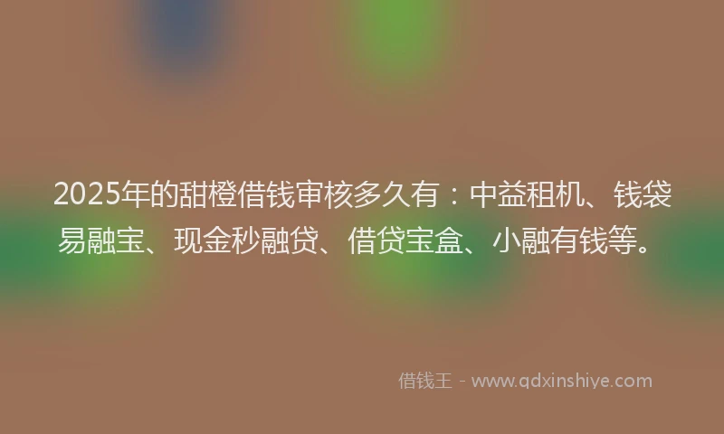 2025年的甜橙借钱审核多久有：中益租机、钱袋易融宝、现金秒融贷、借贷宝盒、小融有钱等。